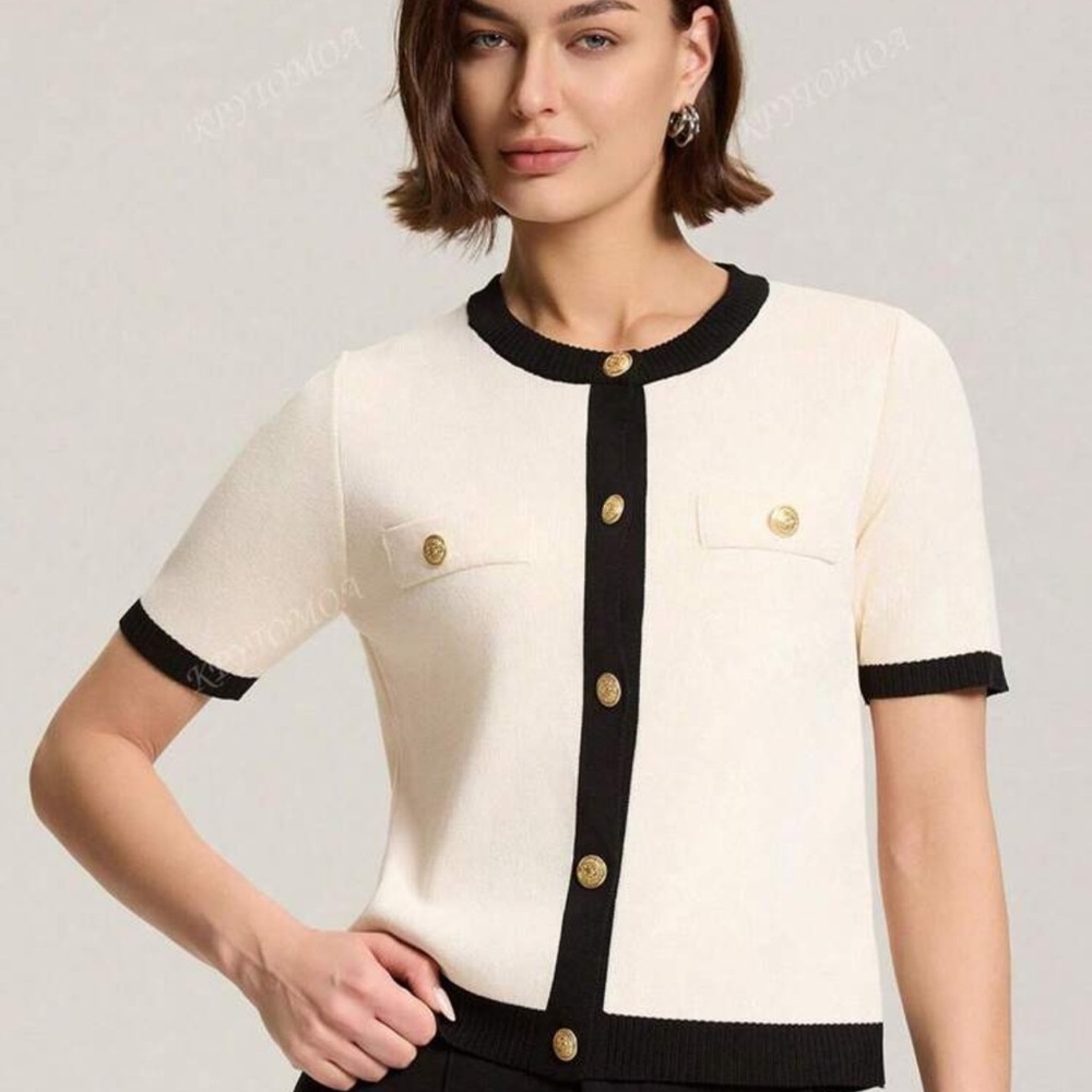 Chic Cream and Black Button-Up knitted Cardigan